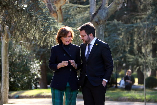 Spanish vice president Carmen Calvo and Catalan vice president Pere Aragonès in Madrid on February 26, 2020 (by Gemma Tubert)